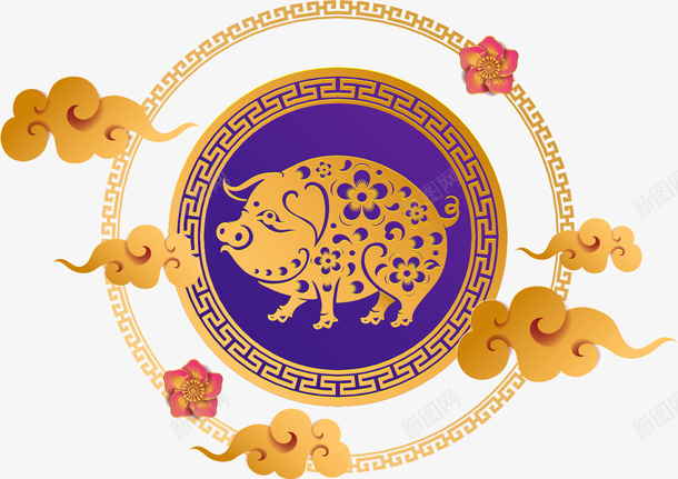 创意新年快乐猪年矢量图ai免抠素材_88icon https://88icon.com 中国花纹 创意 剪纸 圆弧 新年快乐 猪年 紫色 金色 矢量图