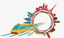 城市地铁线路图创意地铁穿出城市圈彩色高清图片