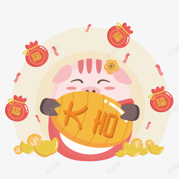 猪年大吉png免抠素材_88icon https://88icon.com 彩色底纹 扁平化 新年大吉 猪年快乐 矢量图案 红包