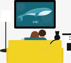 卡通在客厅看电视的情侣矢量图素材