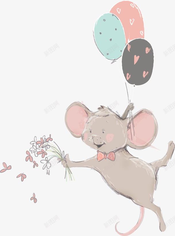 手绘玩耍的小老鼠png免抠素材_88icon https://88icon.com 动物 卡通手绘 可爱 坐着抬起一只爪子的 垫脚 小老鼠 棕色 气球 水彩 老鼠抬脚 老鼠生日 花朵
