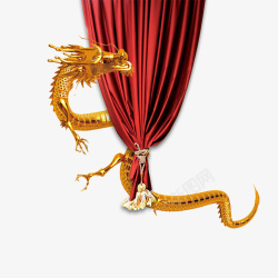 金色的龙缠绕红色的门帘素材