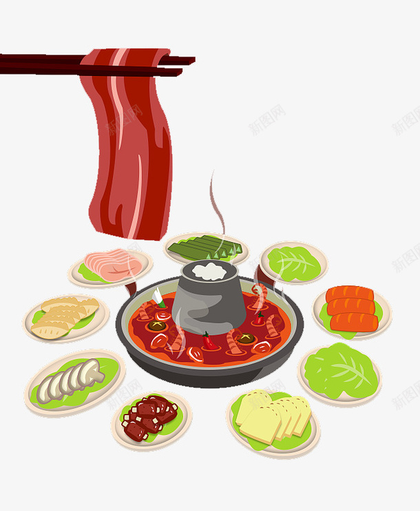 一桌子美味食物的火锅png免抠素材_88icon https://88icon.com 圆盘 手绘 火锅 筷子 绘画 美食 铁锅 食材 香菇 黑色砂锅