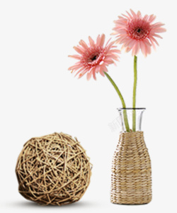 复古织布花篮粉色花和球素材