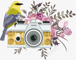 粉玫瑰春天黄色小鸟照相机矢量图素材