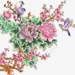 牡丹花免抠图素材花开富贵鸟飞枝头高清图片