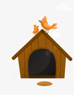 两只小鸟卡通手绘木头狗窝小鸟装饰高清图片