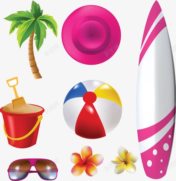 一组沙滩度假元素图案png免抠素材_88icon https://88icon.com 太阳眼镜 排球 水上运动 沙滩 滑板 牛皮纸盒