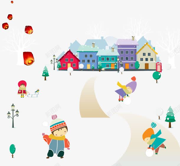 雪地里玩耍的孩子们png免抠素材_88icon https://88icon.com 卡通 房子 海通 雪地 飘飞的灯笼