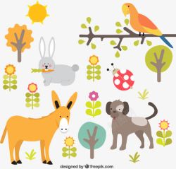 卡通植物与动物插画素材