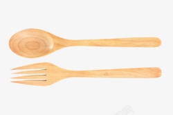木质叉子棕色木汤勺和叉子实物高清图片