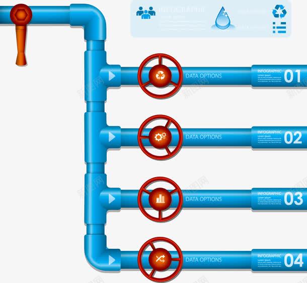 蓝色水管商务信息图png免抠素材_88icon https://88icon.com 信息图 弯曲水管 水管 水资源 水阀 环保 节水