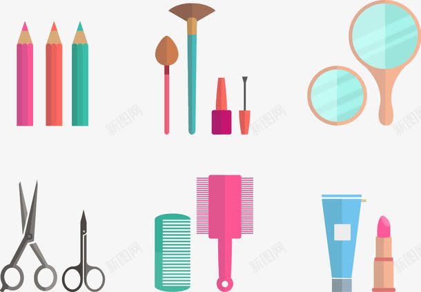 卡通眉笔镜子梳子唇膏矢量图ai免抠素材_88icon https://88icon.com 养颜 化妆品 卡通 扁平 生活用品 美容 矢量图