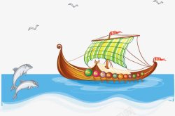卡通手绘海平面帆船轮船素材
