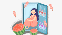 卡通夏日坐在冰箱里的女孩素材