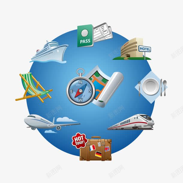 时尚环球旅行元素背景png免抠素材_88icon https://88icon.com 护照卡通环球旅行邮轮餐馆旅店高速铁路飞机指南针旅行箱动车沙滩椅