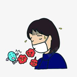 细菌免费下载卡通戴口罩辛苦咳嗽冒汗的女孩素高清图片