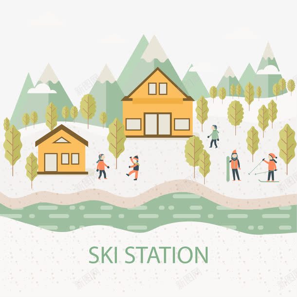 滑雪插画矢量图ai免抠素材_88icon https://88icon.com 房屋 滑雪 雪山 雪景 矢量图