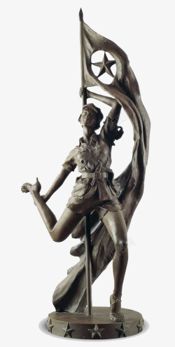 红色娘子军手拿国旗的女兵雕像艺术品高清图片