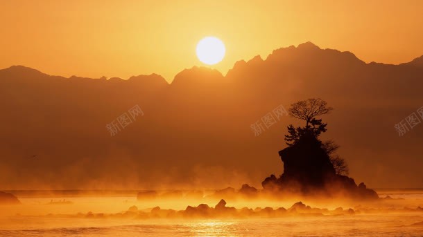 黄色日落山河海报背景背景