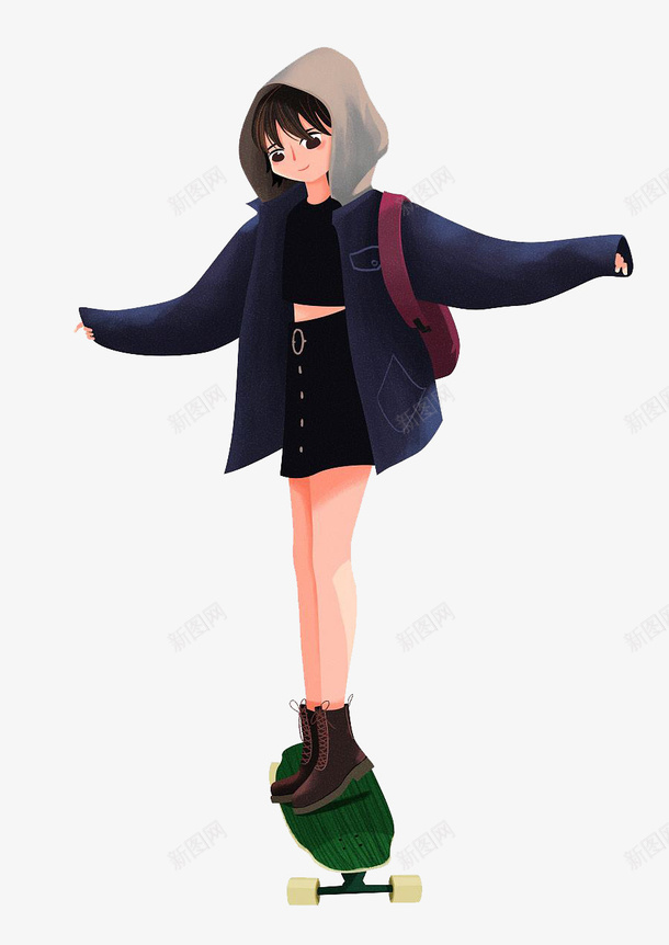 卡通长板png免抠素材_88icon https://88icon.com 卡通 张手 滑板 站立 红色背包 美少女 背包 长板