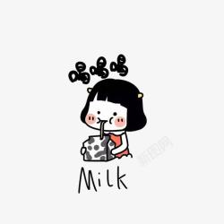 卡通开心抱着奶盒喝的女孩素材