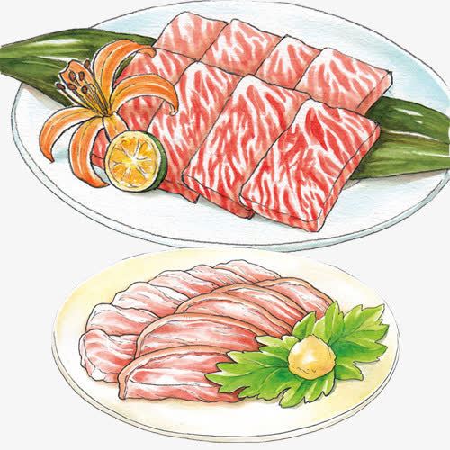 肉食刺身手绘画片psd免抠素材_88icon https://88icon.com 手绘美食 生肉片 绿色菜叶 羊肉刺身 鱼肉刺身