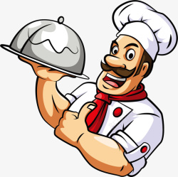 红色盘子八字胡的男厨师高清图片