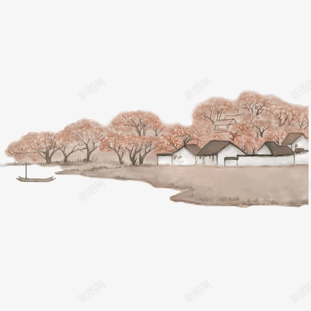 村庄树木png免抠素材_88icon https://88icon.com 小河 小船 村庄 树林 灰色