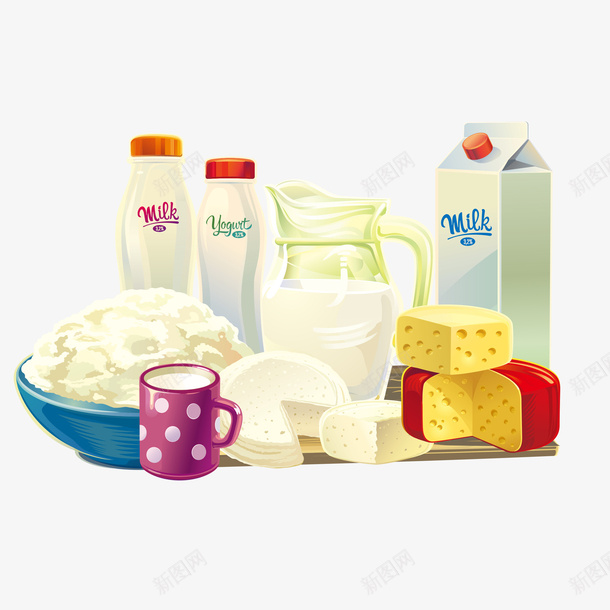 牛奶和奶制品psd免抠素材_88icon https://88icon.com 卡通 奶制品 奶酪 手绘 牛奶