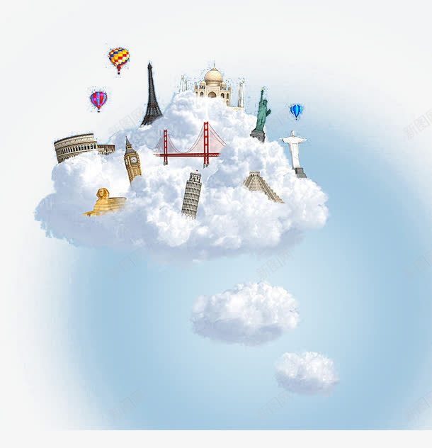 蓝色背景下的白色云朵png免抠素材_88icon https://88icon.com 上天 云朵 建筑 热气球