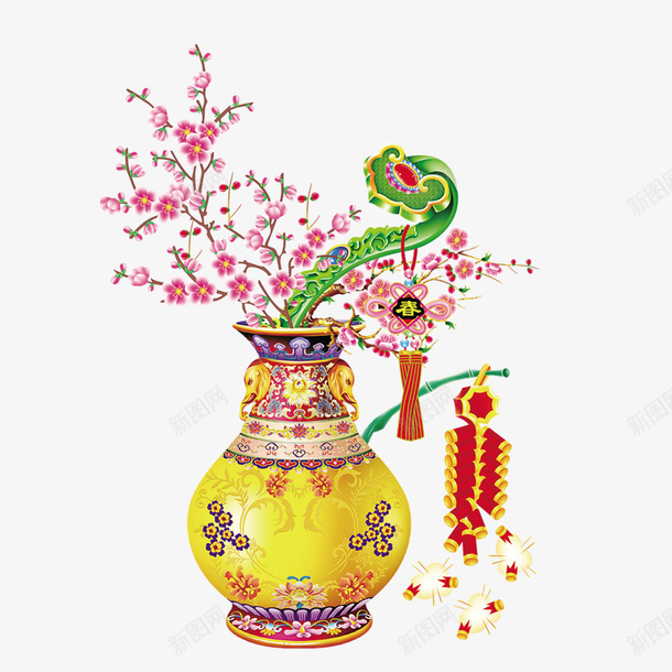 中国风png免抠素材_88icon https://88icon.com 古代瓷器 如意 年年有余 梅花 玉如意 粉色梅花 金色花瓶 鞭炮