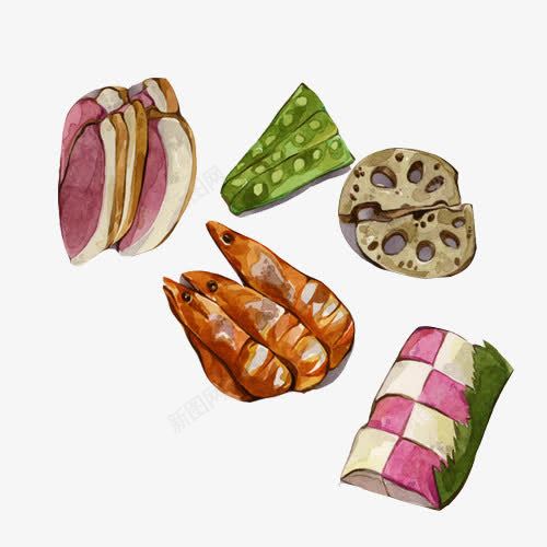 火锅食材水彩画片psd免抠素材_88icon https://88icon.com 手绘画 河虾 煮火锅 猪肉 藕片 蟹排 豌豆