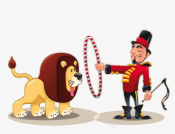 狮子跳火圈手绘马戏团驯兽师狮子表演高清图片