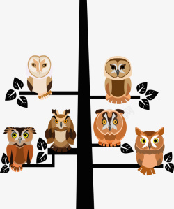 6只猫头鹰停在树梢矢量图素材