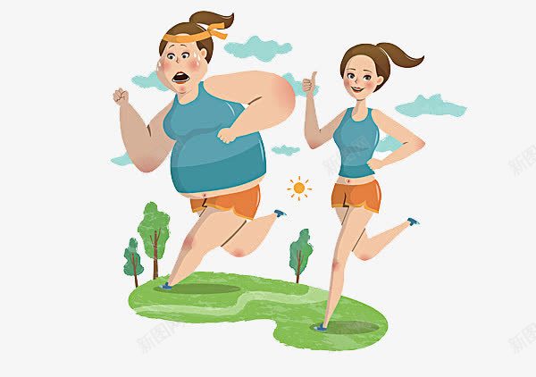 卡通减肥跑步的女人png免抠素材_88icon https://88icon.com 云朵装饰 减肥跑步的 卡通 女人 汗水 绿色草地 胖瘦对比图