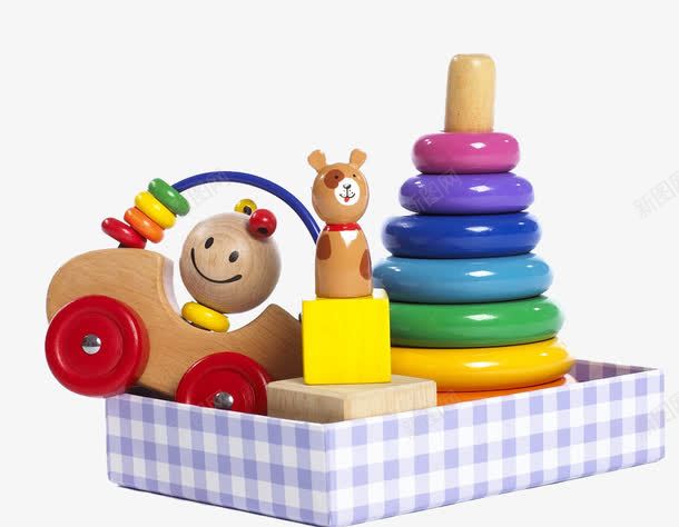 鲜艳儿童一盒木质玩具图png免抠素材_88icon https://88icon.com 一堆玩具 动物 套圈 套圈圈 彩虹圈 木头小车 格子盒子 玩具