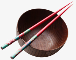 深棕色容器空的木制碗和筷子实物素材