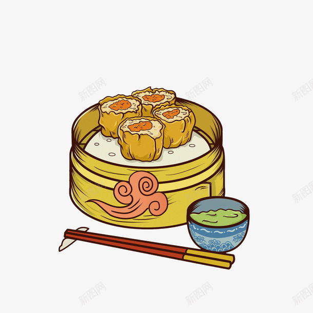 卡通彩绘早点美食烧卖png免抠素材_88icon https://88icon.com 卡通烧卖 卡通碗 早点美食 早茶点心 筷子 蒸笼