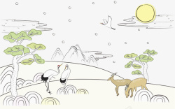 松树平面松鹤延年卡通手绘图高清图片