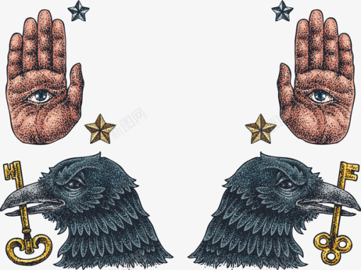 精美老鹰和手掌纹身刺青图案矢量图图标图标