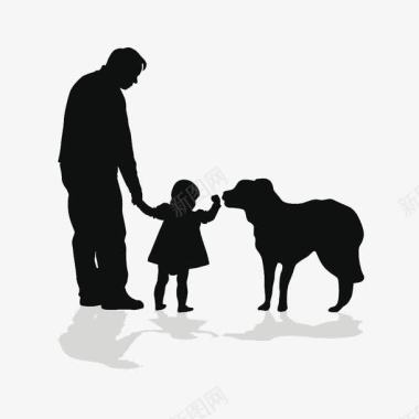 手拉手的小孩男人牵着小孩逗弄小狗剪影图标图标