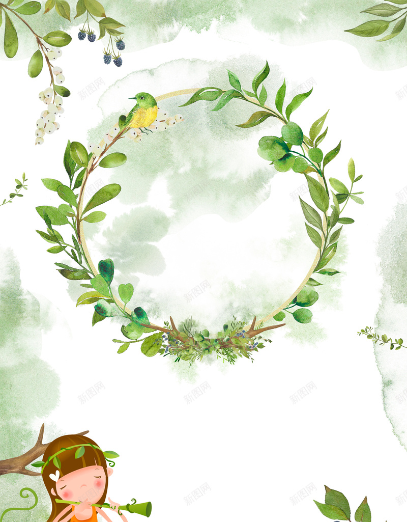 绿色手绘二十四节气春分海报psd设计背景_88icon https://88icon.com 二十四节气 叶子 女孩 手绘 春分海报 春天 春季 清新
