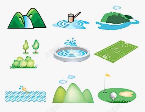 手绘自然喷泉水源绿色图标图标