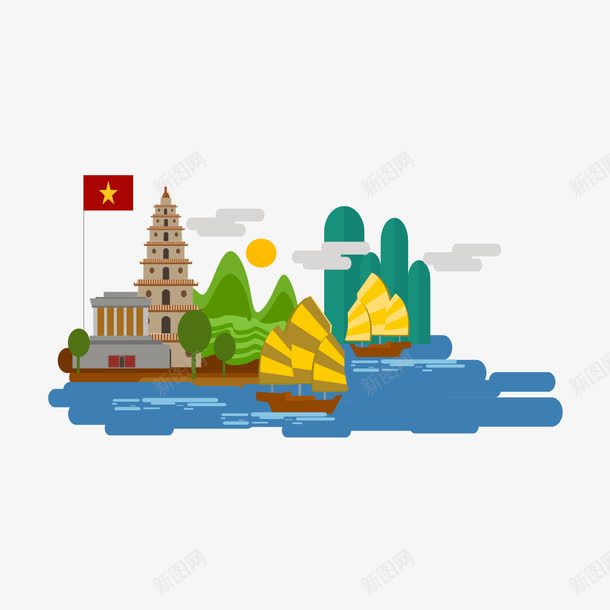 越南建筑png免抠素材_88icon https://88icon.com 小船 树 矢量建筑 越南国旗 越南建筑