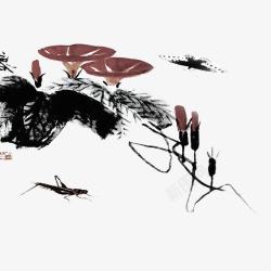 中国风水墨牵牛花和蝴蝶蚱蜢素材
