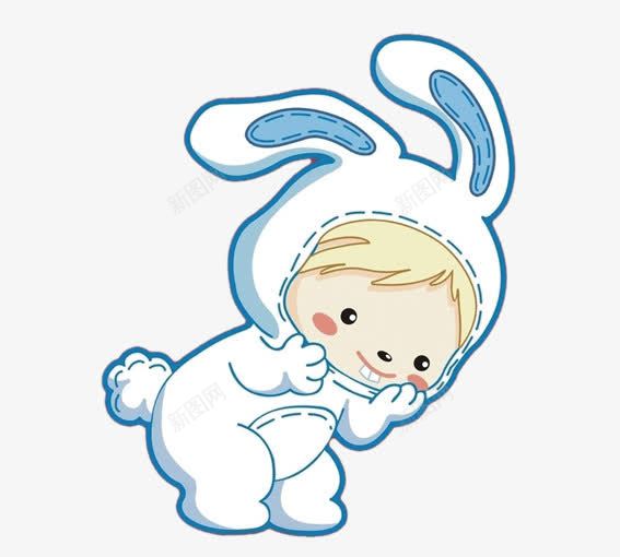 兔子小娃娃png免抠素材_88icon https://88icon.com 卡通人物 卡通兔子 卡通娃娃 白色 穿着兔子衣服的娃娃 蓝色 黄色