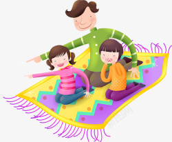 两个小女孩堆沙堡插画卡通爸爸和两个女儿坐在会飞的花高清图片