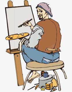 卡通手绘国外画架画画男人画家素材