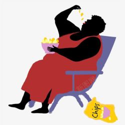 卡通胖女人坐在躺椅上吃薯片素材